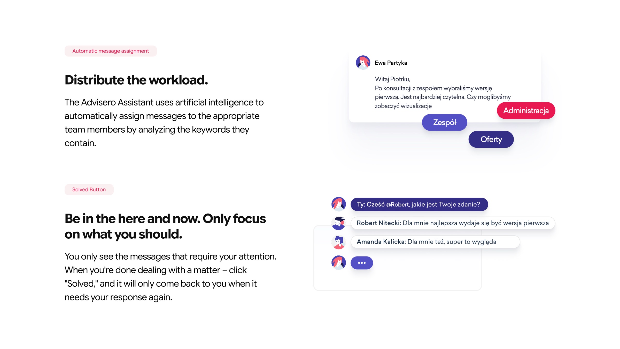 Features: automatic assignment and solved button